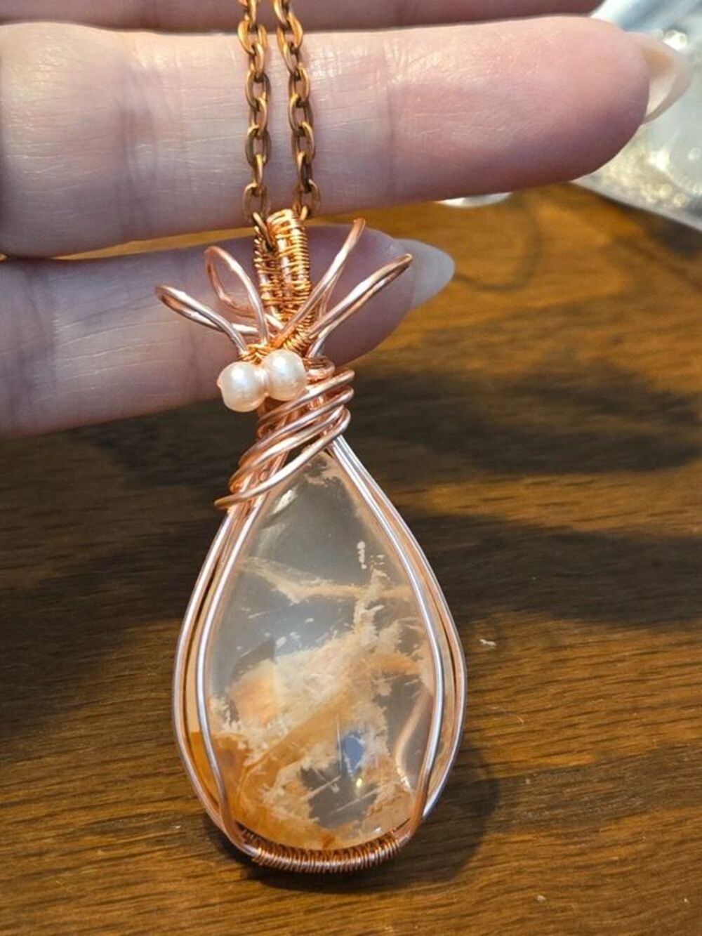 Handcrafted Garden Quartz/Lodolite Wire Wrapped Pendant/Necklace in Rose Gold